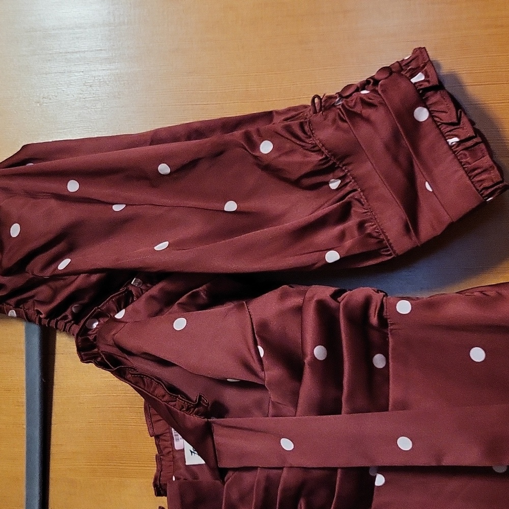 For Love And Lemons Davies Burgundy Polka Dot Swing Satin Dress - Picture 4 of 8